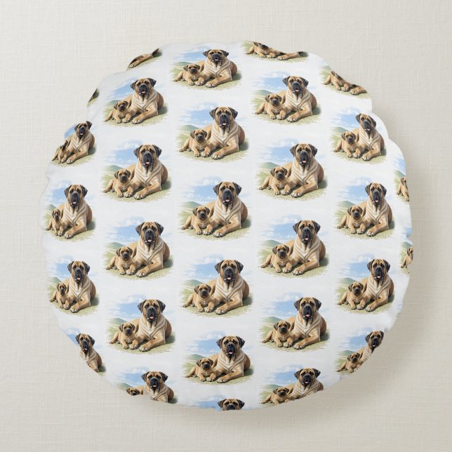 English Mastiff with child on vacation Round Cushion (Front)