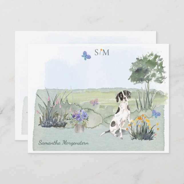 English Pointer Dog Butterfly Monogram and Name  Card (Front/Back)