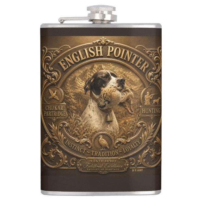 English Pointer Hunting ,Chukar partridge Hip Flask (Front)