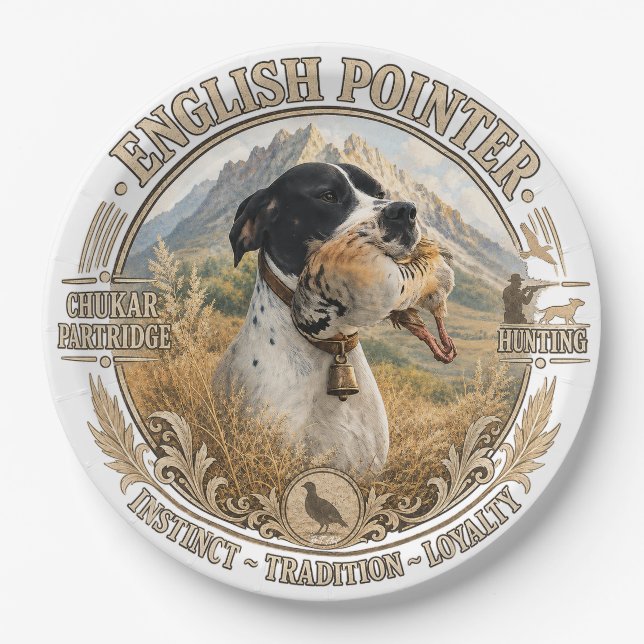 English Pointer Hunting ,Chukar partridge Paper Plate (Front)