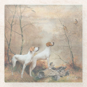 English Pointer is hunting the Pheasants Glass Coaster