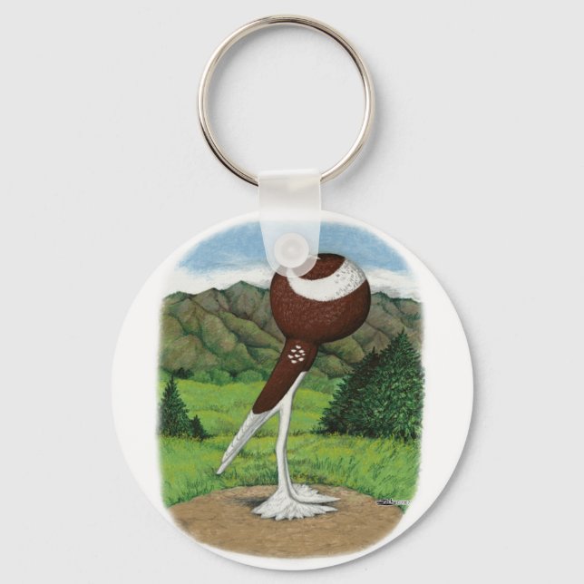 English Pouter Pigeon With Mountains Key Ring (Front)