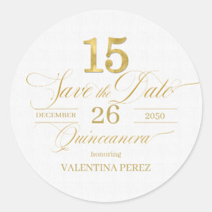 English Quinceanera Save the Date in Gold Classic Round Sticker