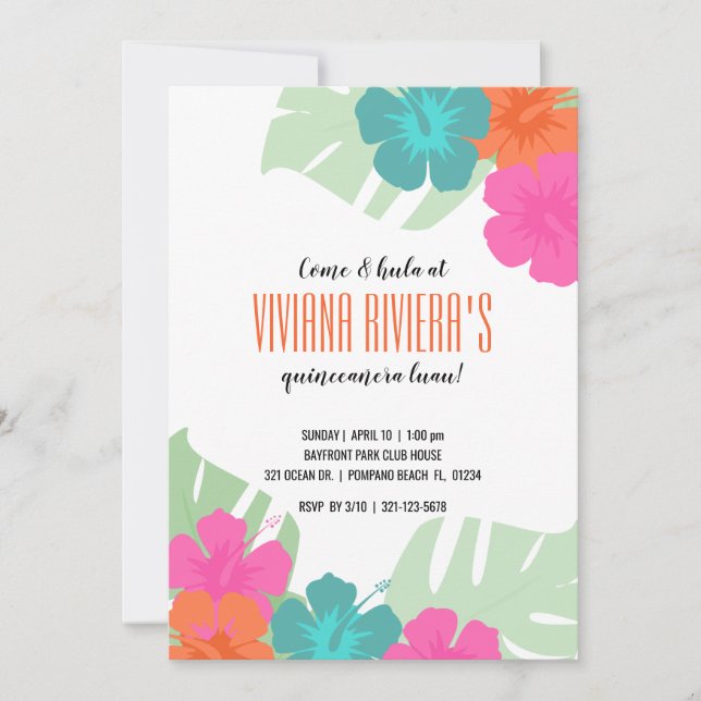ENGLISH quinceañera TROPICAL LUAU bright floral Invitation (Front)