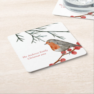 English Redbreast Robin Bird Holiday Christmas Square Paper Coaster