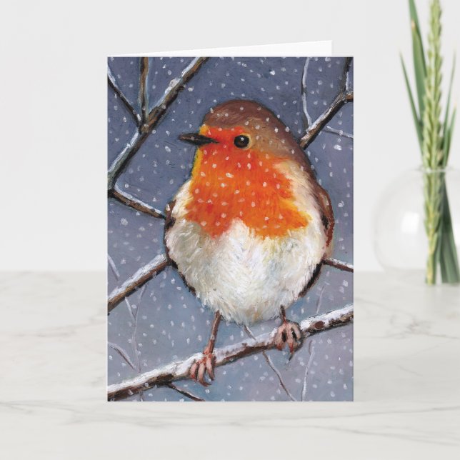 ENGLISH ROBIN IN SNOW: OIL PASTEL ART CARD (Front)