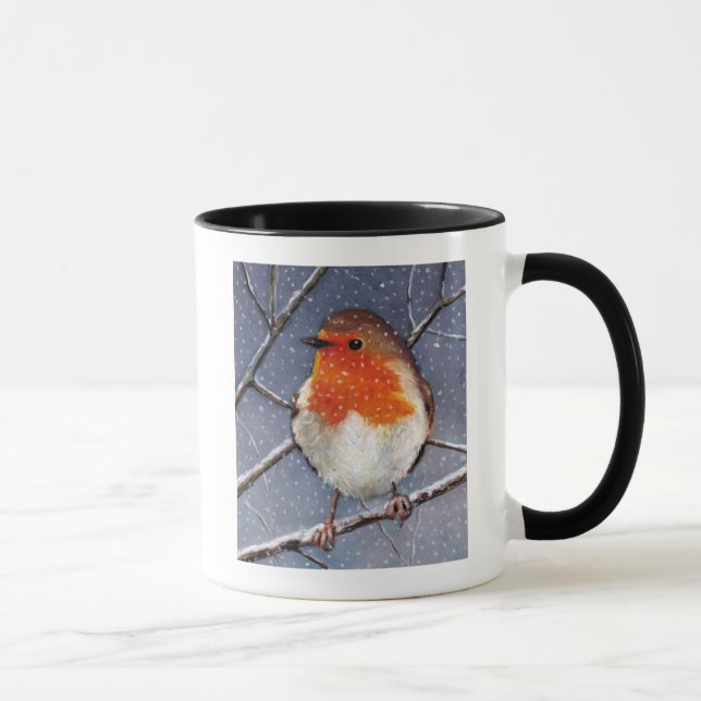 ENGLISH ROBIN IN SNOW: OIL PASTEL ART MUG (Right)
