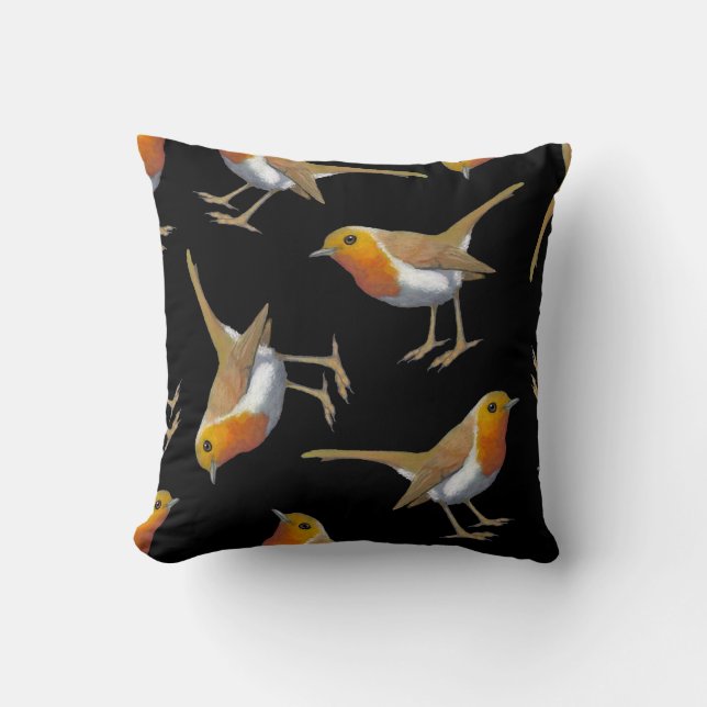 English Robin Pattern on Black, Original Art, Bird Cushion (Front)
