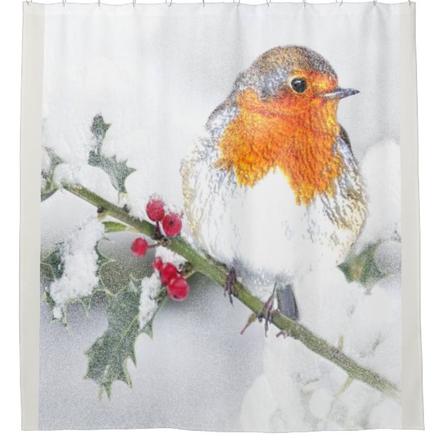 English Robin Winter Holly Berries Christmas art Shower Curtain (Front)