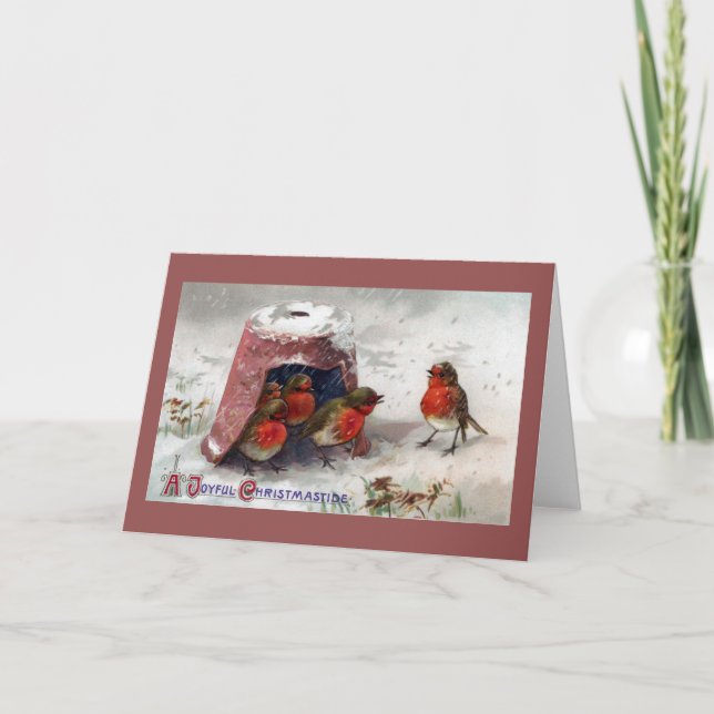 English Robins Under Flowerpot Vintage Christmas Holiday Card (Front)