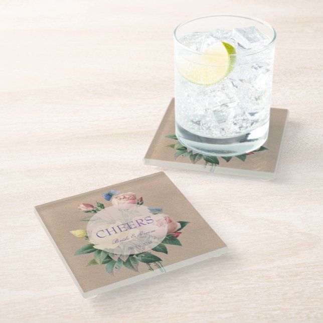 English Rose Butterfly Garden Wedding Cheers Glass Coaster (Angled)