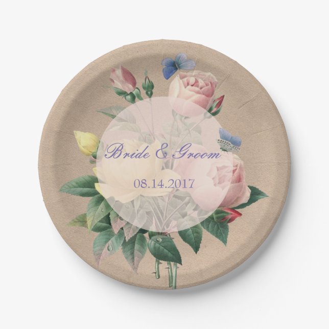 English Rose Butterfly Garden Wedding Paper Plate (Front)