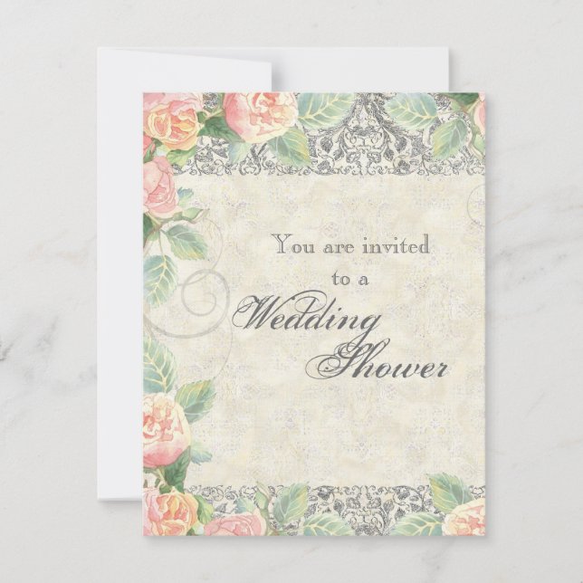 English Rose & Silver Wedding or Bridal Shower Invitation (Front)