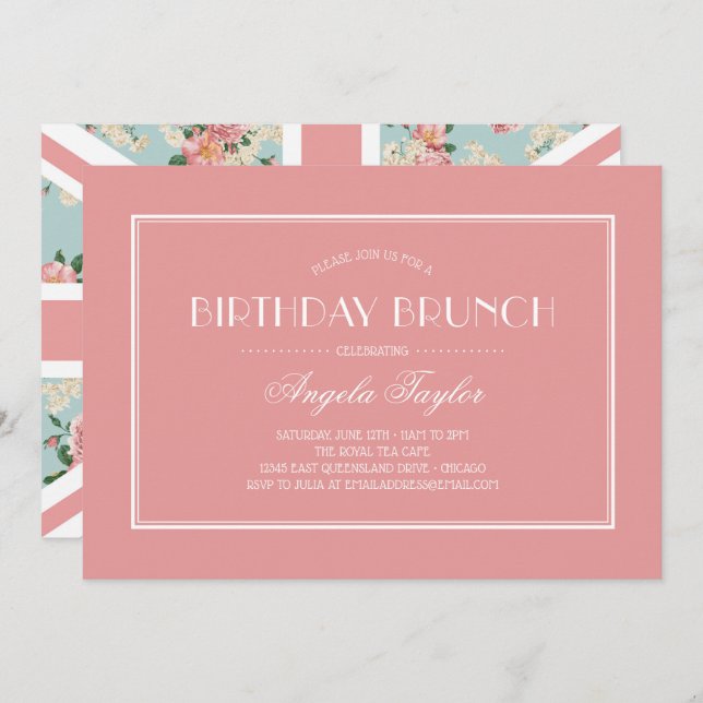 English Roses Union Jack Birthday Invitation (Front/Back)