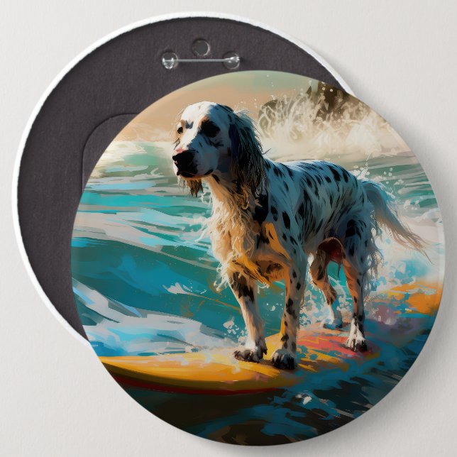 English Setter Beach Surfing Painting 6 Cm Round Badge (Front & Back)