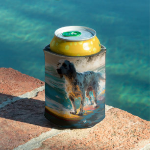 English Setter Beach Surfing Painting Can Cooler