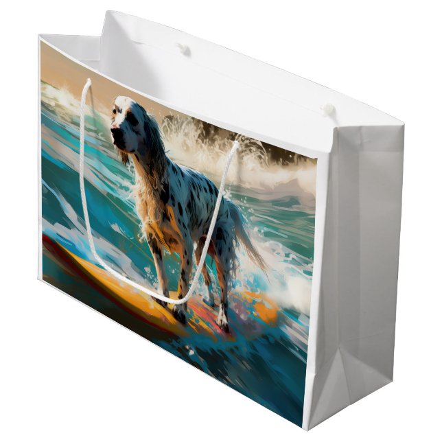 English Setter Beach Surfing Painting Large Gift Bag (Front Angled)