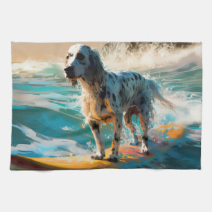English Setter Beach Surfing Painting Tea Towel