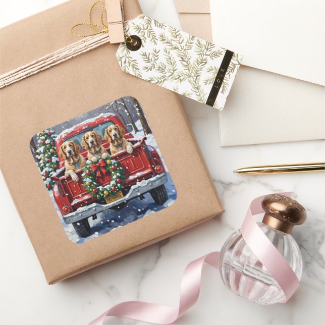 English Setter Christmas Red Truck Holiday Square Sticker (Gifting)
