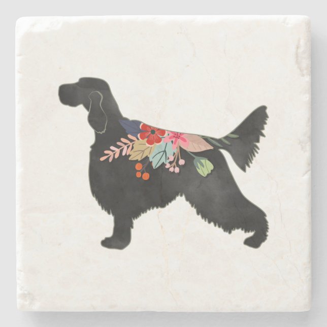 English Setter Dog Breed Bohemian Floral Silhouett Stone Coaster (Front)