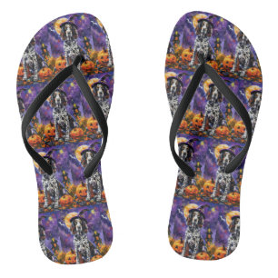 English Setter Dog Halloween Witch And Pumpkin Jandals