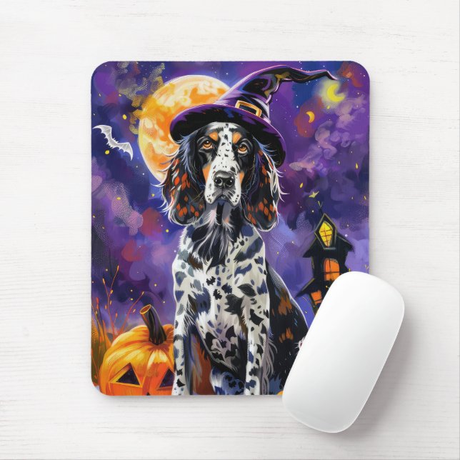 English Setter Dog Halloween Witch And Pumpkin Mouse Pad (With Mouse)