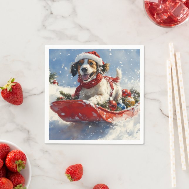 English Setter Dog in Sledge Let it Snow Christmas Napkin (Insitu)