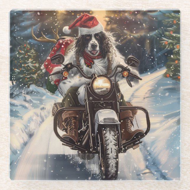 English Setter Dog Riding Motorcycle Christmas Glass Coaster (Front)