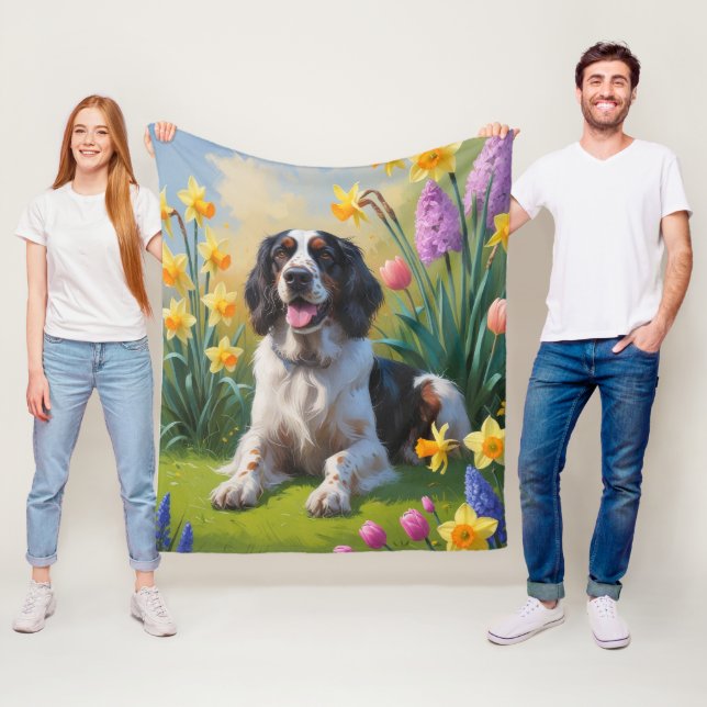 English Setter Dog Spring Flowers Painting Fleece Blanket (In Situ)