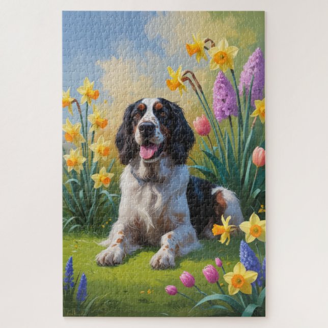 English Setter Dog Spring Flowers Painting Jigsaw Puzzle (Vertical)