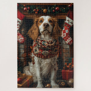 English Setter Dog With Christmas Gifts Fireplace Jigsaw Puzzle