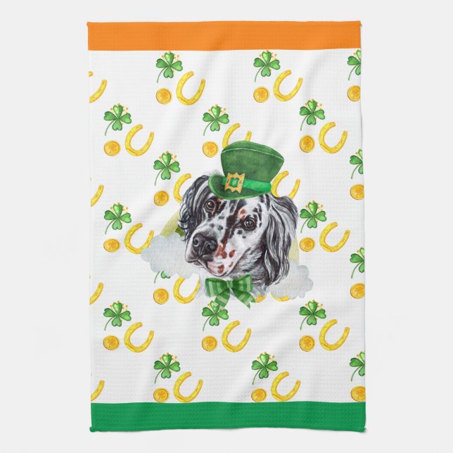 English Setter Holiday Home Decor St Patricks Day Tea Towel (Vertical)