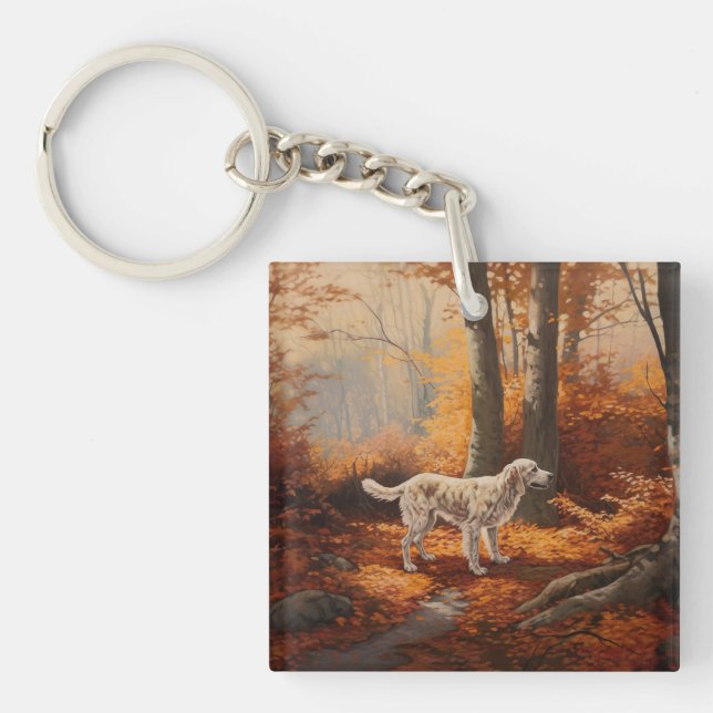English Setter in Autumn Leaves Fall Inspire Key Ring (Front)