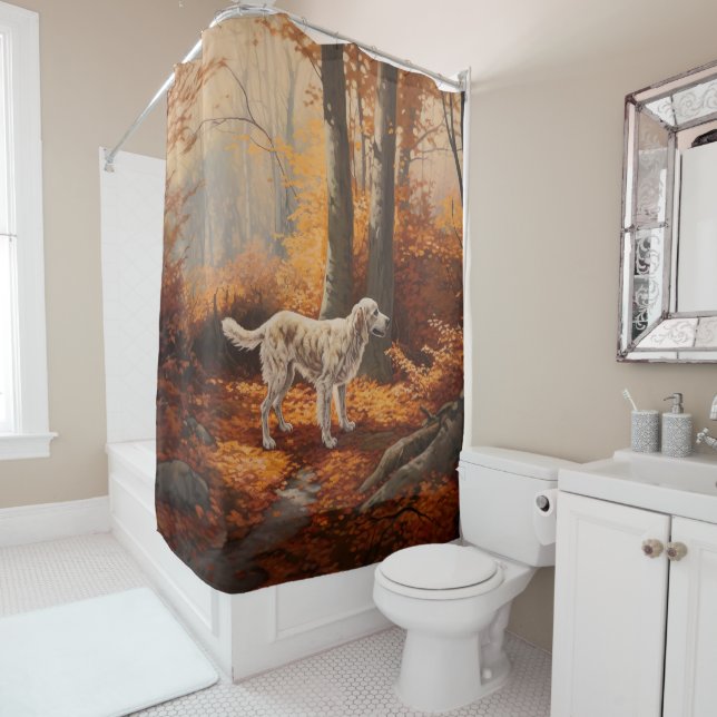 English Setter in Autumn Leaves Fall Inspire Shower Curtain (In Situ)