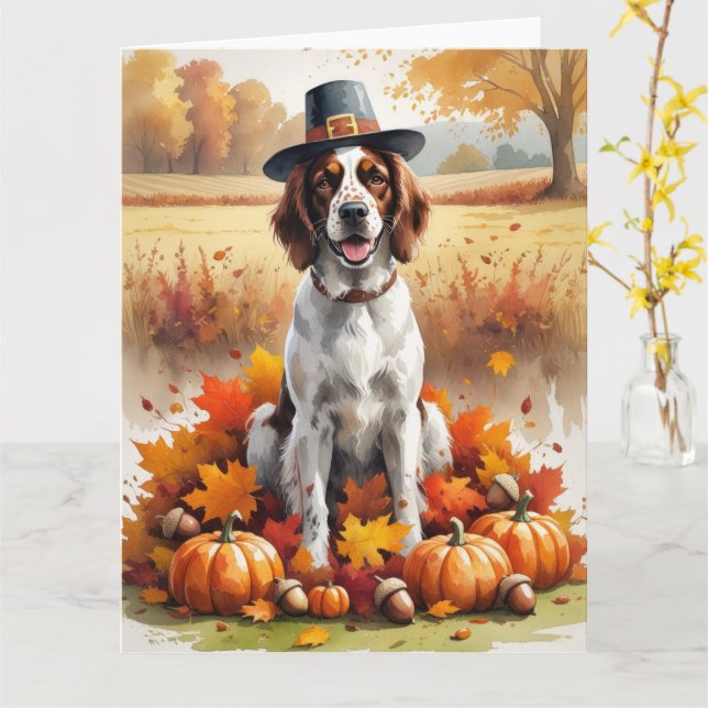 English Setter In Autumn Leaves Thanksgiving Art Card (Yellow Flower)
