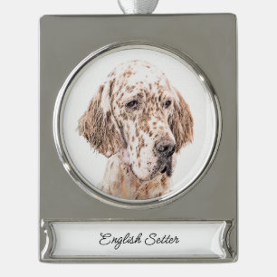 English Setter Orange Belton Painting Dog Art Silver Plated Banner Ornament