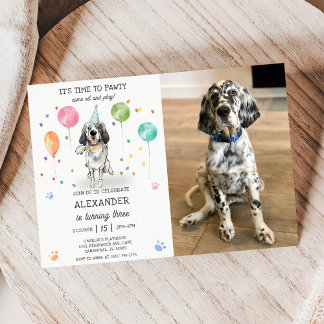 English Setter Pawty Dog Puppy Birthday Blue Photo Invitation