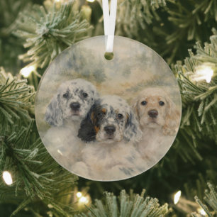 English Setter Puppies Glass Tree Decoration