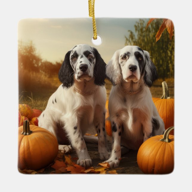 English Setter Puppy Autumn Delight Pumpkin  Ceramic Ornament (Front)