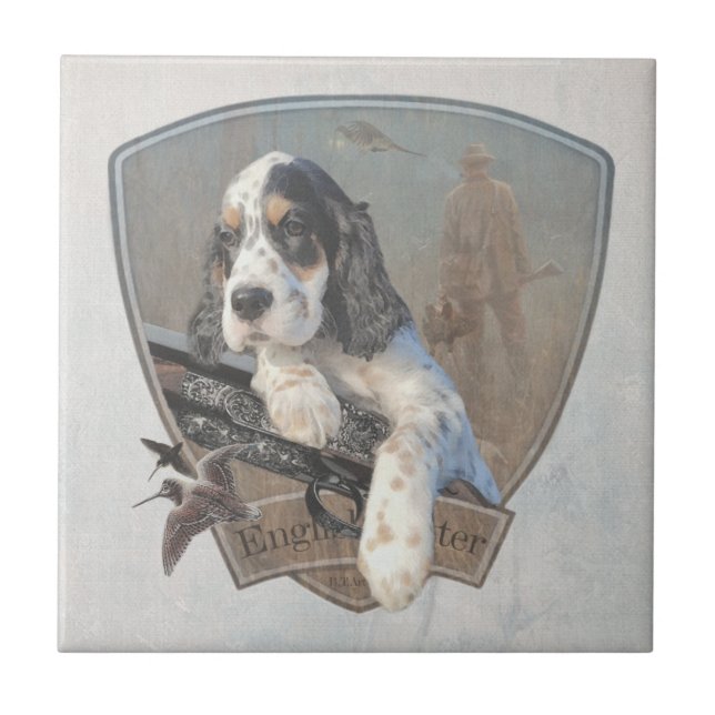 English Setter puppy with a classic shotgun    Tile (Front)