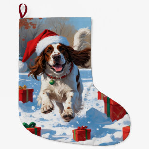 English Setter Running in Snow with Christmas Hat Large Christmas Stocking