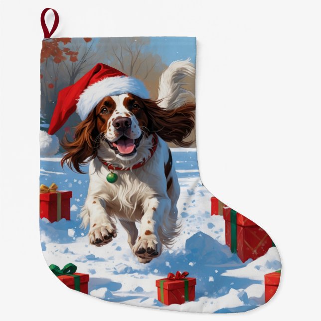 English Setter Running in Snow with Christmas Hat Large Christmas Stocking (Front)