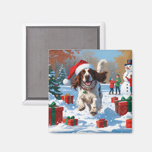 English Setter Running in Snow with Christmas Hat Magnet