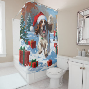 English Setter Running in Snow with Christmas Hat Shower Curtain
