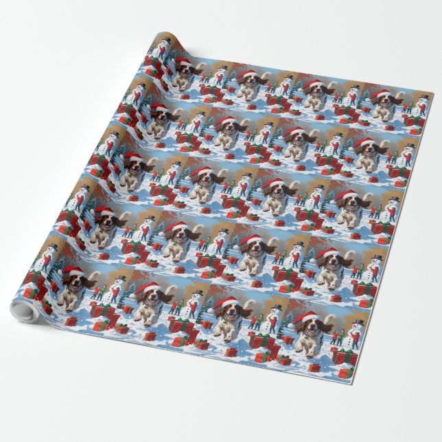 English Setter Running in Snow with Christmas Hat Wrapping Paper (Unrolled)
