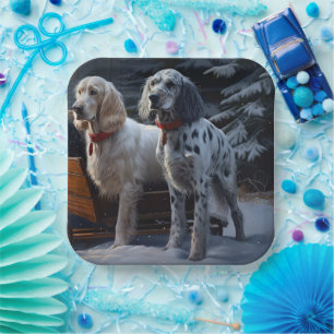 English Setter Snowy Sleigh Christmas Decor Paper Plate