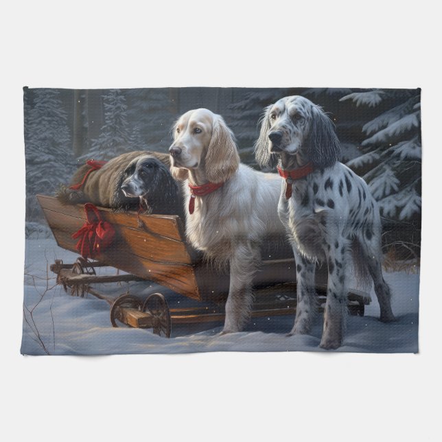 English Setter Snowy Sleigh Christmas Decor  Tea Towel (Horizontal)
