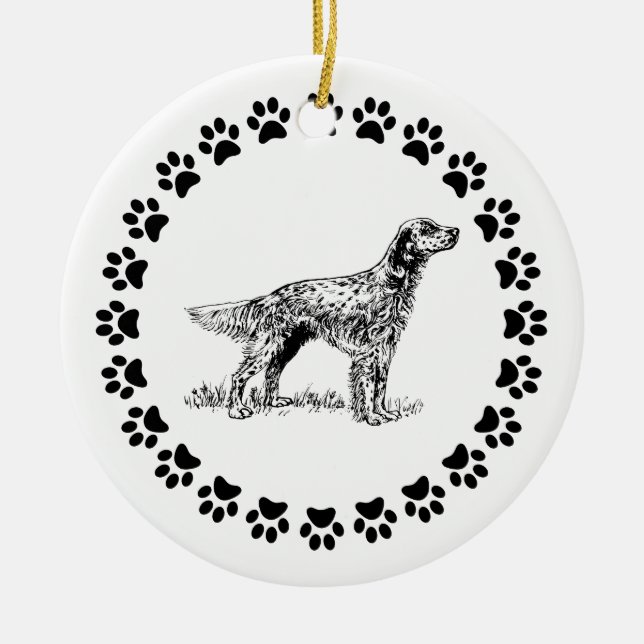 English Setter with Pawprints Ceramic Tree Decoration (Front)