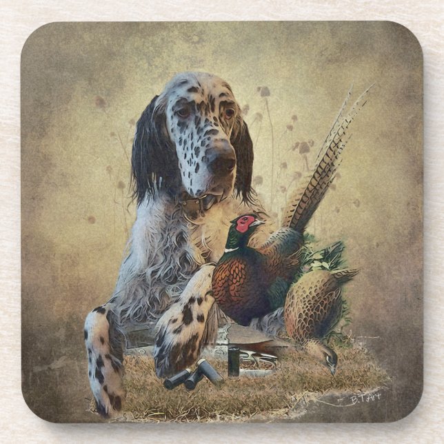 English setter with pheasants, art     coaster (Front)