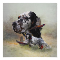English setter with pheasants, art